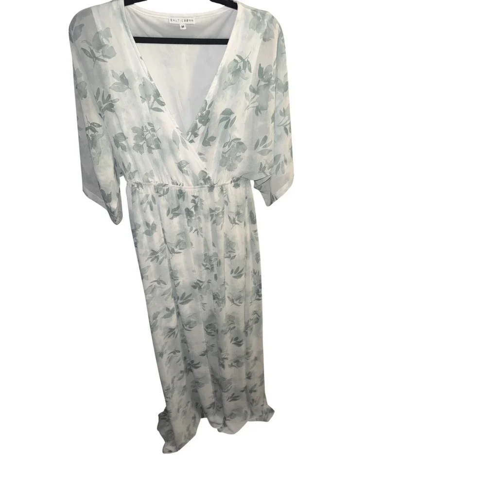 Baltic Born Katya Sage Floral Maxi Dress Wrap V-Neck Flutter Sleeve Green White - Picture 2 of 5
